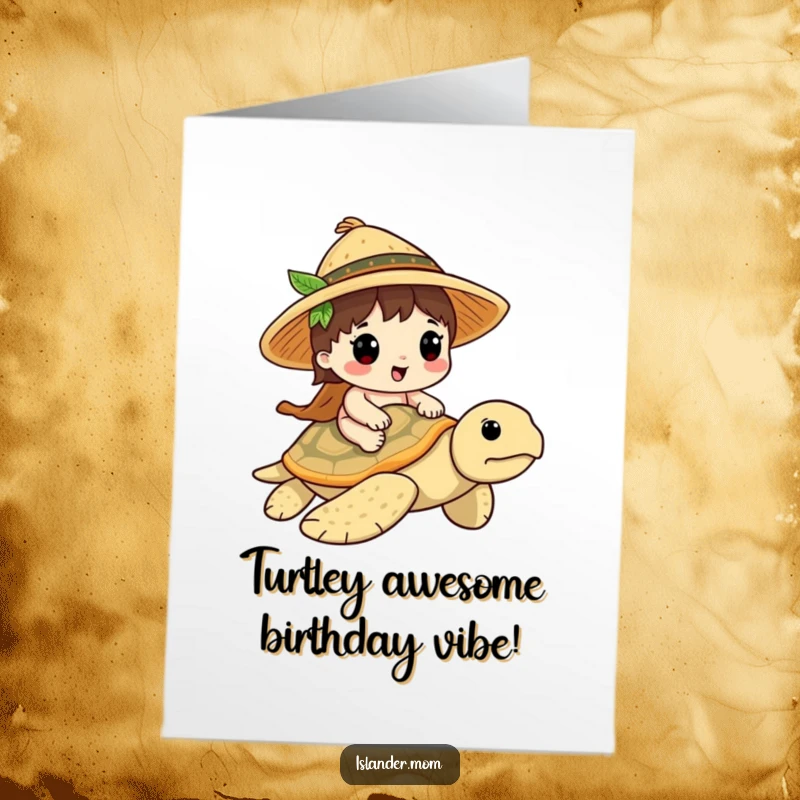 Funny Free Printable Birthday Card: Kawaii islander in a straw hat rides a friendly sea turtle, enjoying the journey.