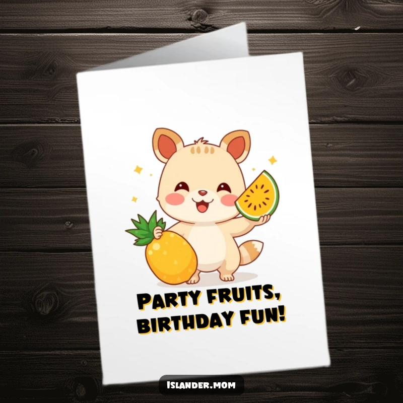 Funny free printable birthday card of a cheerful animal expertly juggling colorful tropical fruits with a wide, happy grin.