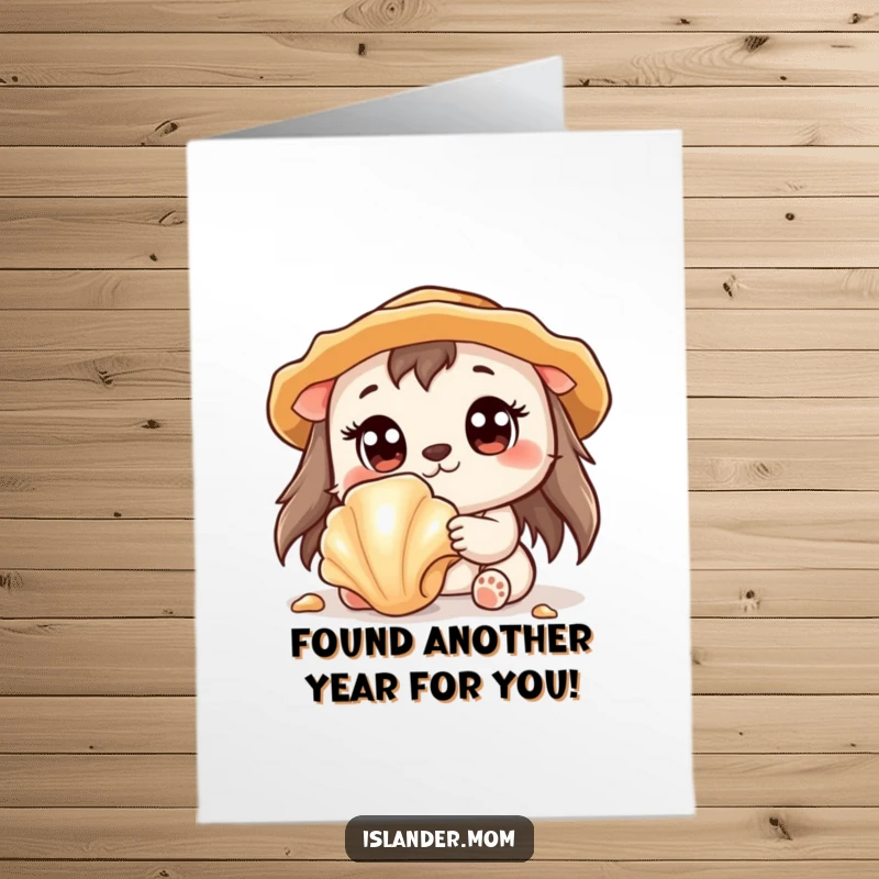 Funny free printable birthday card of a kawaii islander animal with astonished eyes discovering a sparkling seashell, a treasure of joy.