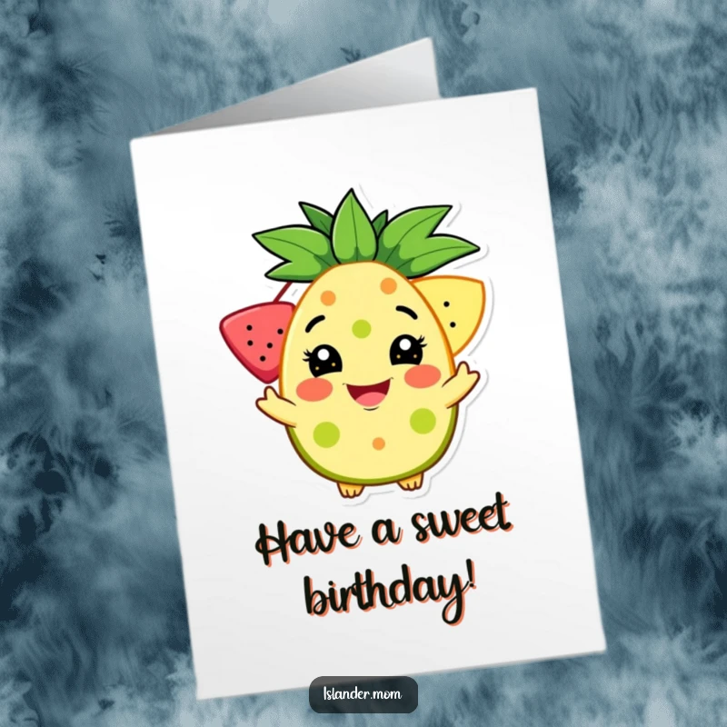 Funny Free Printable Birthday Card: Character offering a bright, juicy tropical fruit with a wide, welcoming, and enthusiastic grin.