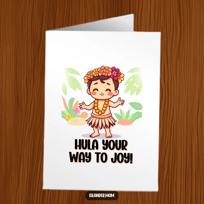 Funny Free Printable Birthday Card featuring a cute kawaii islander character hula dancing with graceful hand movements.