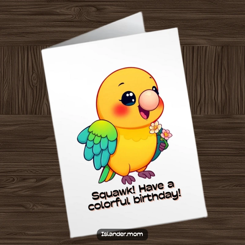 Funny Free Printable Birthday Card featuring a smiling, colorful parrot holding a small flower, delivering festive wishes.