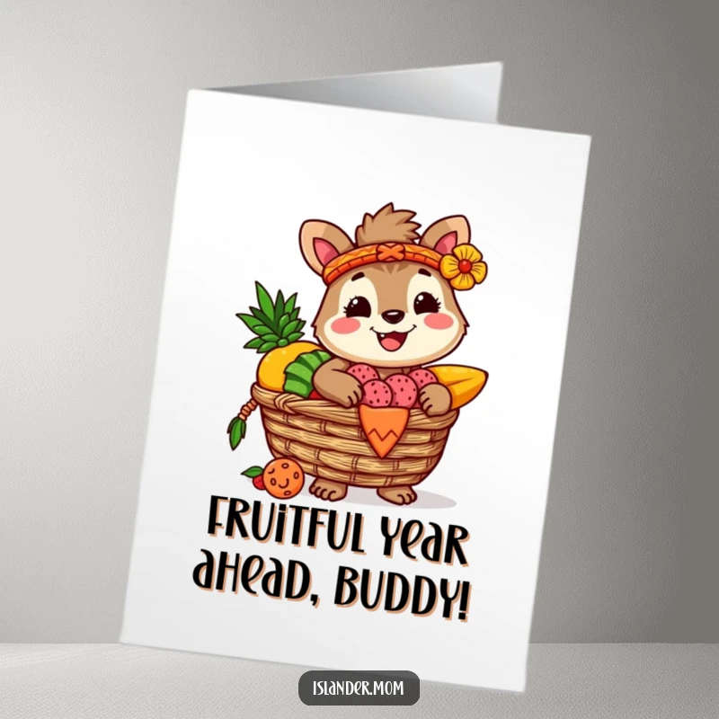 Funny Free Printable Birthday Card: Happy islander animal balances a overflowing basket of colorful tropical fruit, ready for a birthday surprise.