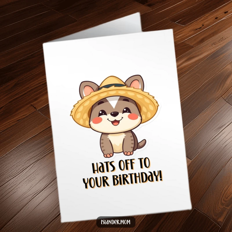 Funny Free Printable Birthday Card: Smiling islander animal character radiating happiness while wearing a festive straw hat.