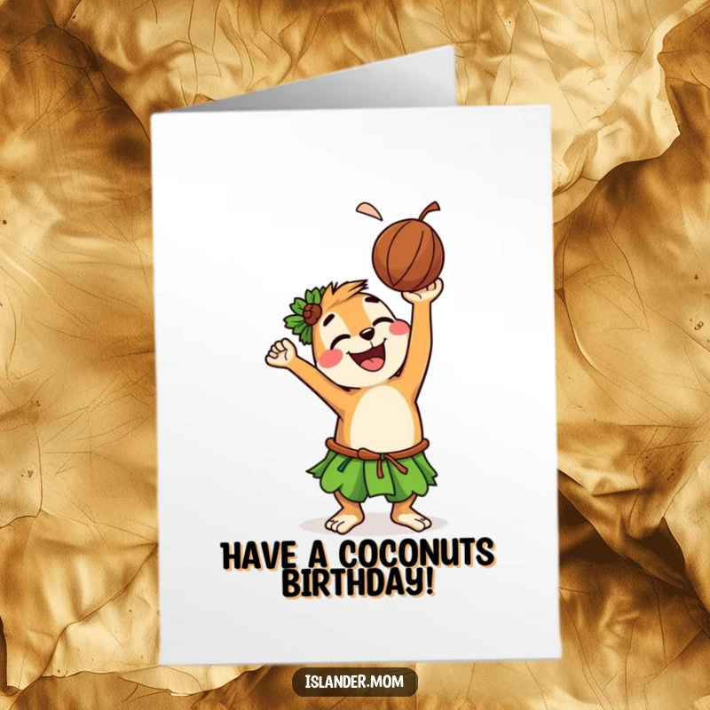 Funny Free Printable Birthday Card: Playful islander animal joyfully tosses a coconut high in the air with a wide, grinning expression.