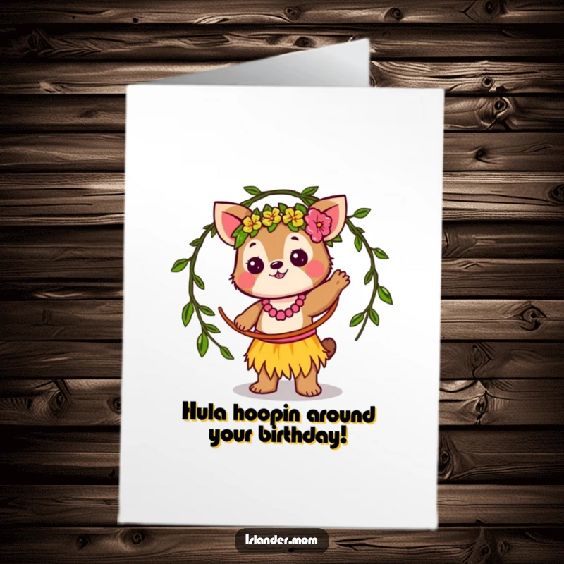 Funny Free Printable Birthday Card: Kawaii islander animal energetically twirling a vine hula hoop with a joyful expression.