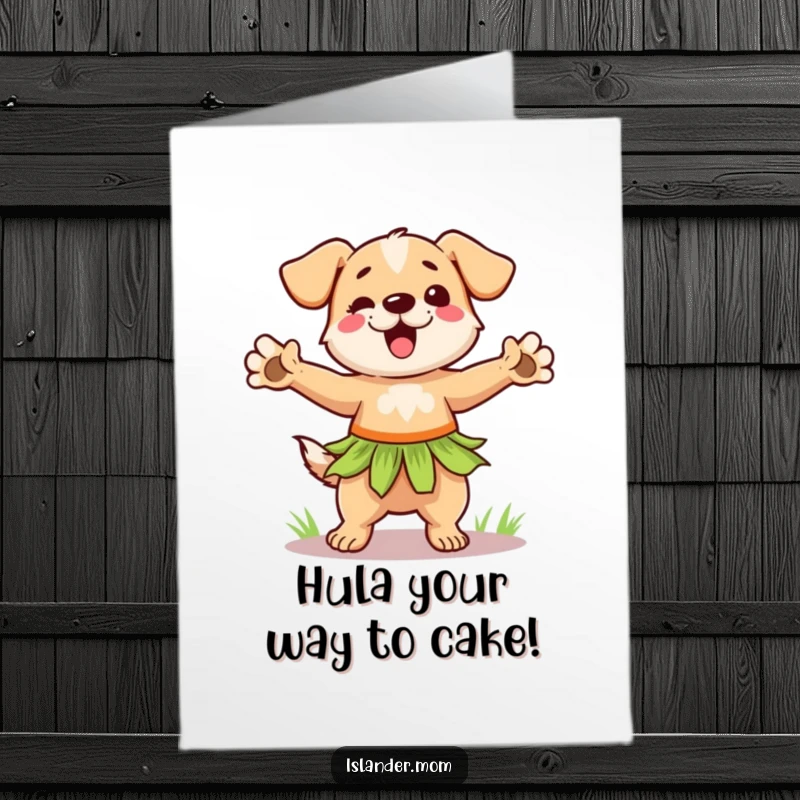 Funny Free Printable Birthday Card: Dog in grass skirt dancing with paws outstretched, celebrating a birthday with joy.
