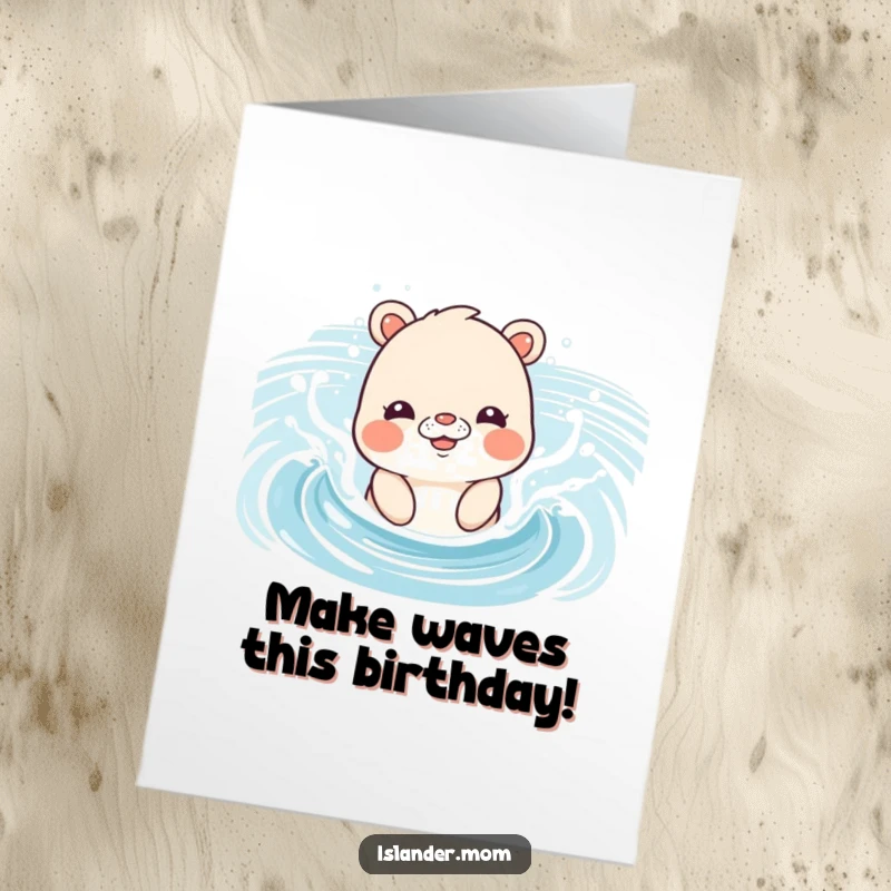 Funny Free Printable Birthday Card: An islander mom animal joyfully splashes in gentle ocean waves, celebrating.