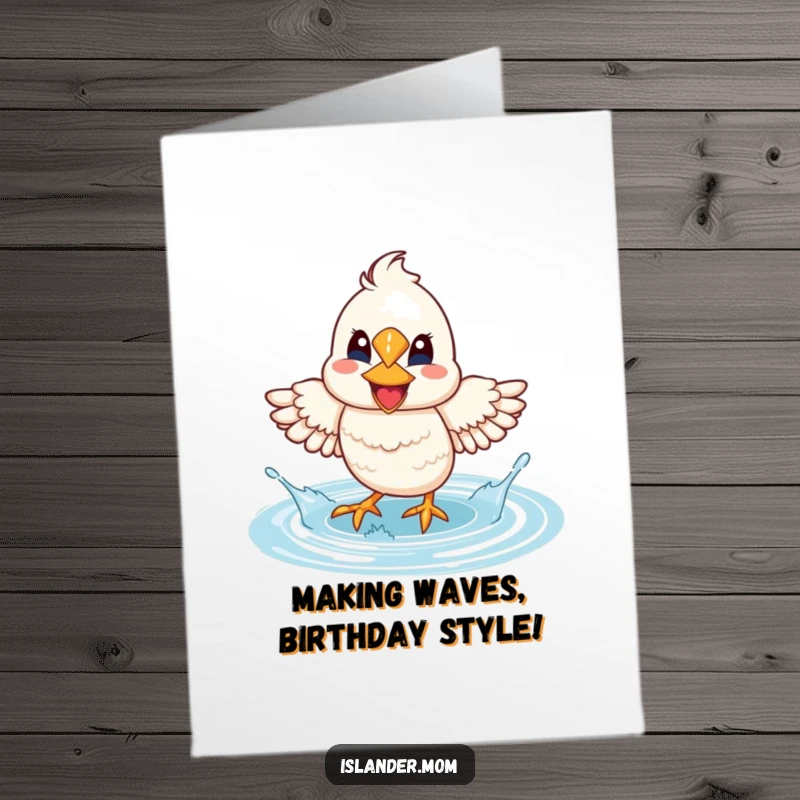 Funny Free Printable birthday card of a mama bird with a wide smile, joyfully splashing water with its feet in a serene lagoon.