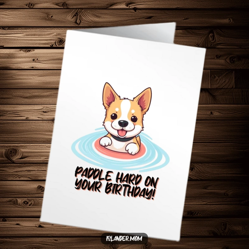 Funny Free Printable Birthday Card: Dog paddles enthusiastically in a serene blue lagoon, celebrating a birthday with energy.