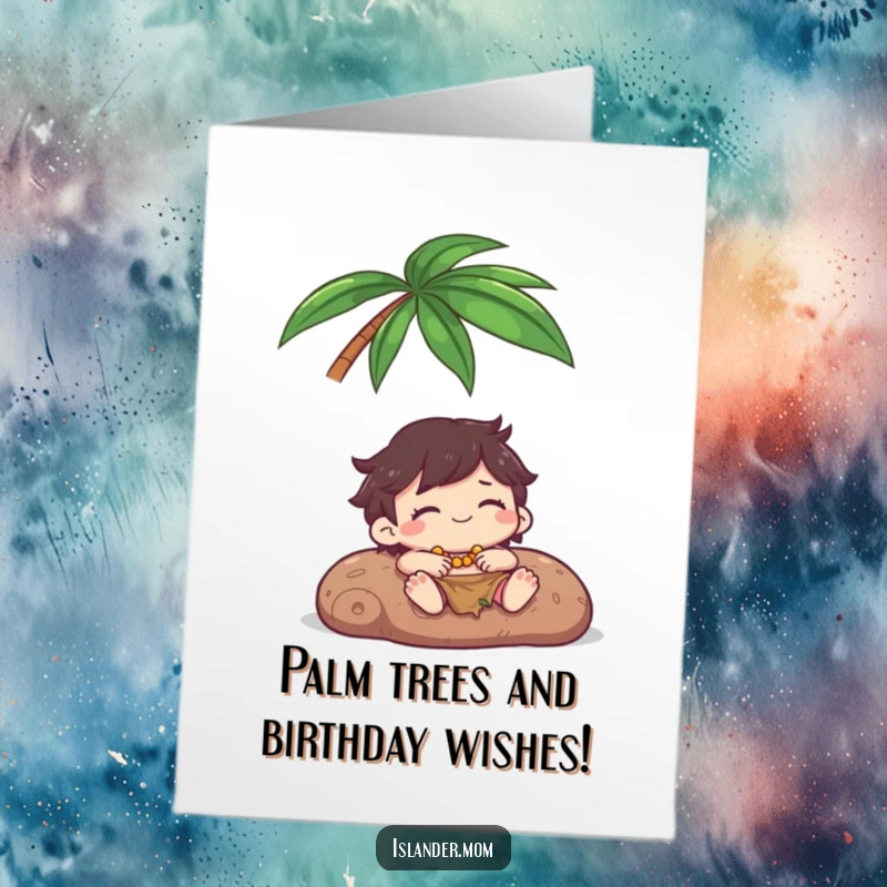 Funny Free Printable Birthday Card of a Kawaii islander character blissfully relaxing under a palm tree, eyes peacefully closed in happiness.