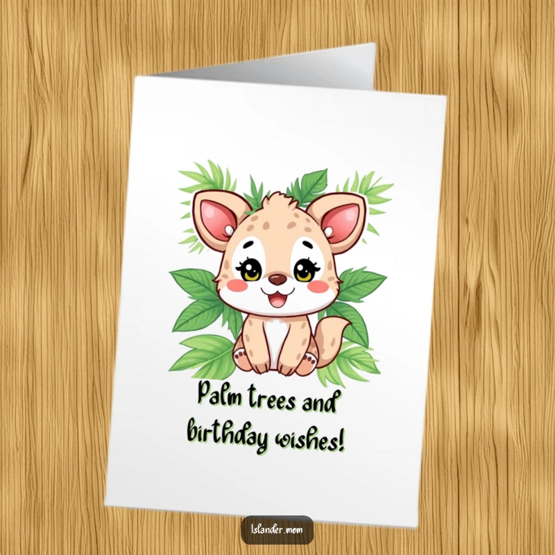 Funny Free Printable Birthday Card: A delighted animal covered in palm leaves beams with joy, celebrating a tropical birthday.
