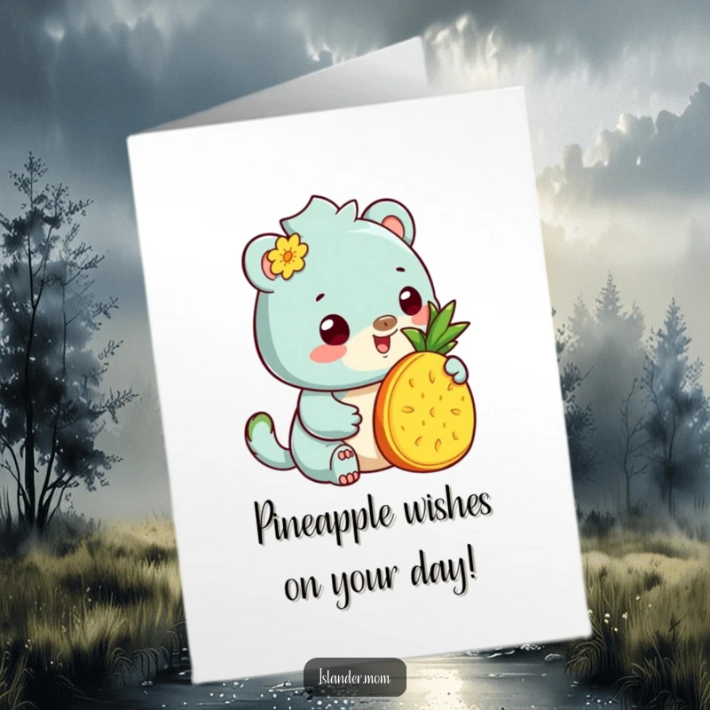 Funny Free Printable Birthday Card: Kawaii islander animal with a warm smile offering a juicy pineapple slice.