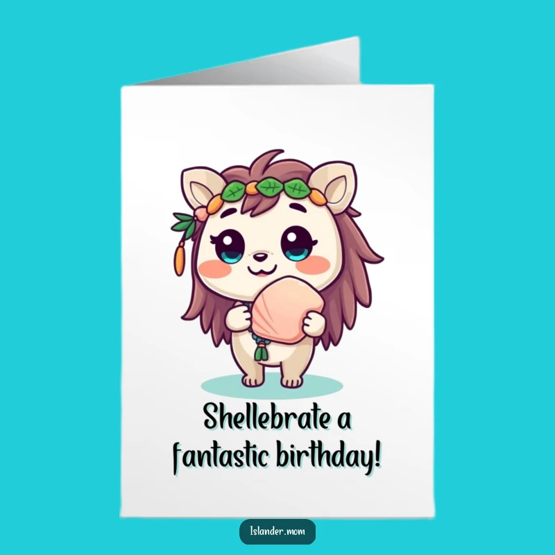 Free Printable Birthday Card: Islander Animal Offers Seashell! Funny Downloadable Gift for Beachy Birthday Wishes