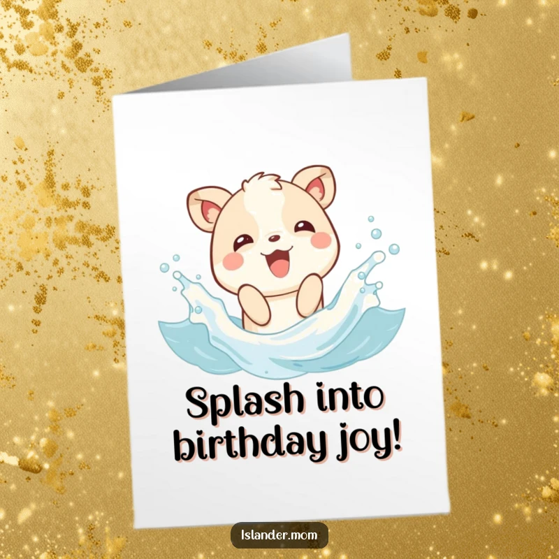 Funny free printable birthday card of a happy animal joyfully splashing in gentle ocean waves, creating a playful water scene.