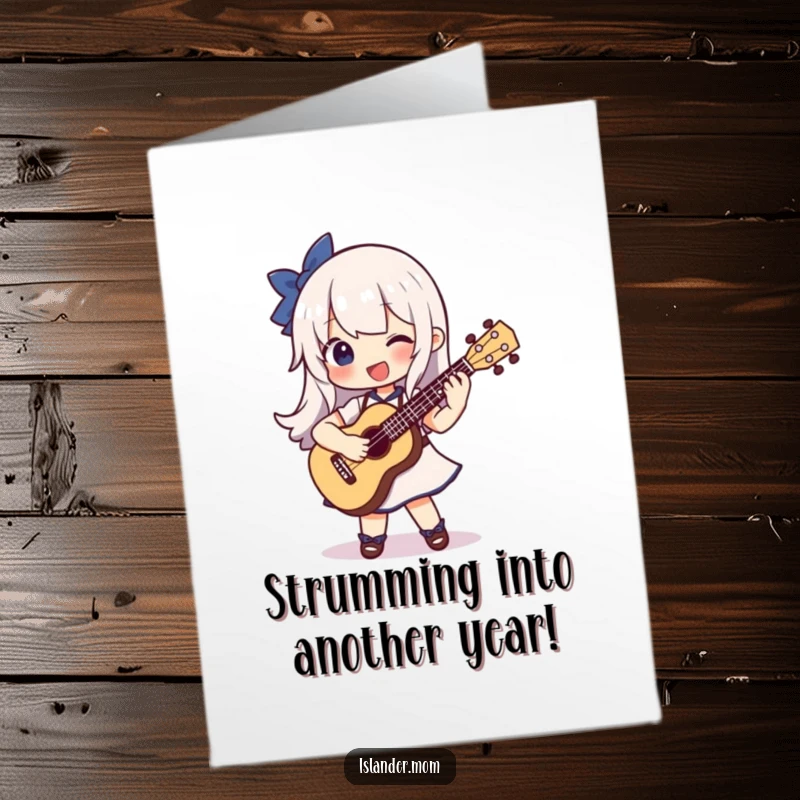 Funny Free Printable Birthday Card featuring a gleeful character joyfully strumming a ukulele, ready to deliver birthday cheer.