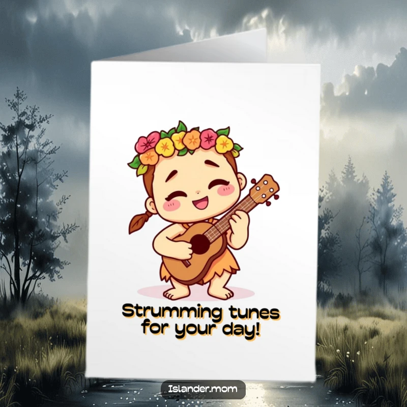 Funny Free Printable Birthday Card: Kawaii islander strumming a ukulele with a serene, contented smile.
