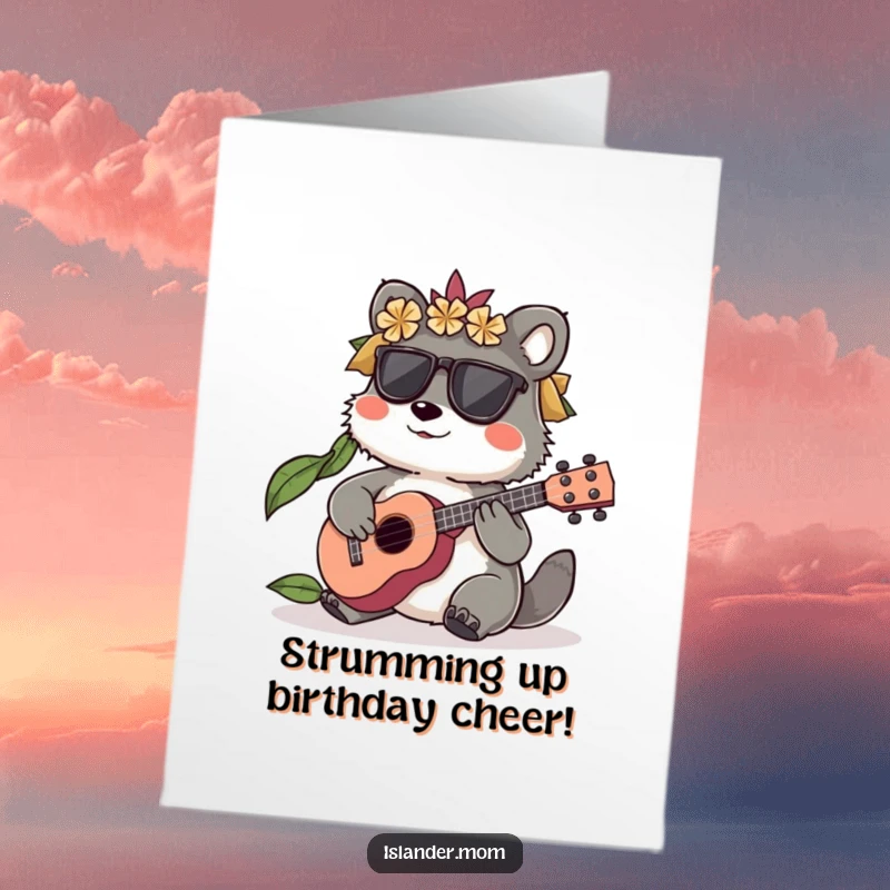 Funny Free Printable Birthday Card: Animated islander animal character joyfully playing a small ukulele with island-inspired tunes.
