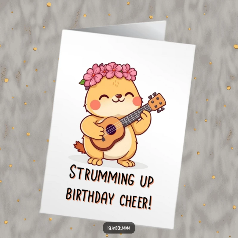 Funny free printable birthday card of a kawaii islander animal happily strumming a tiny ukulele, spreading birthday cheer with music.