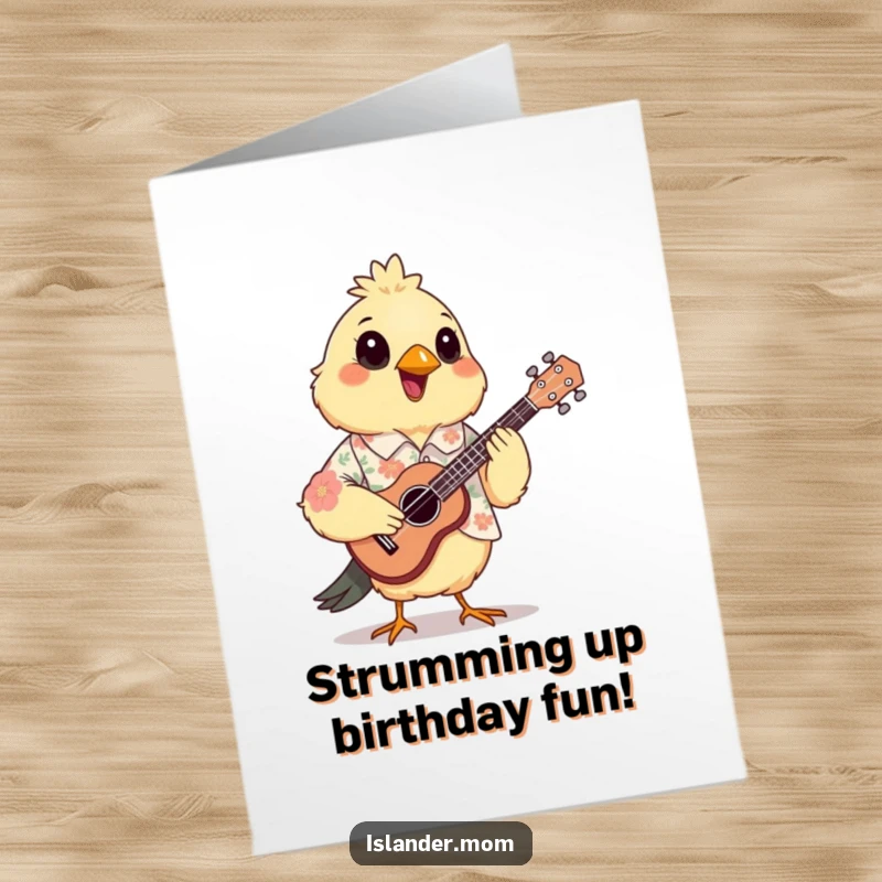 Funny Free Printable birthday card of a mama bird wearing a floral shirt and joyfully strumming a small ukulele, ready to serenade the birthday star.