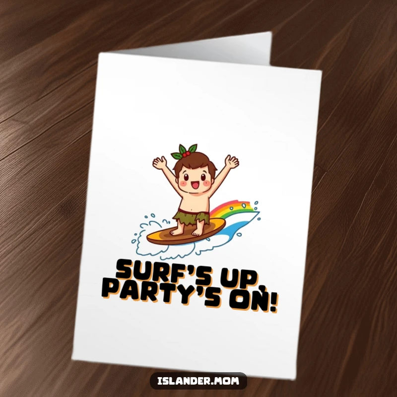 Funny Free Printable Birthday Card: Kawaii islander joyfully surfing a vibrant rainbow wave, arms in the air.