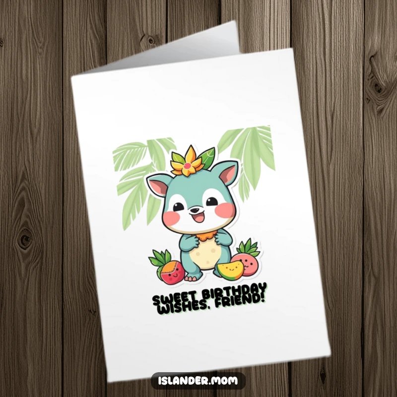 Funny Free Printable Birthday Card: Friendly islander animal holding a tropical fruit with a cheerful birthday wish.