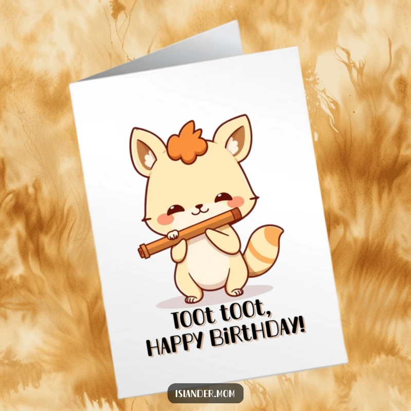 Funny Free Printable Birthday Card: A spirited animal grins while playing a simple flute, making a joyful birthday melody.