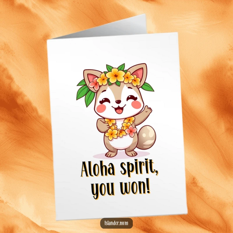 Funny Free Printable Greeting Card: Smiling islander animal with a lei dances with tropical joy, celebrating success.