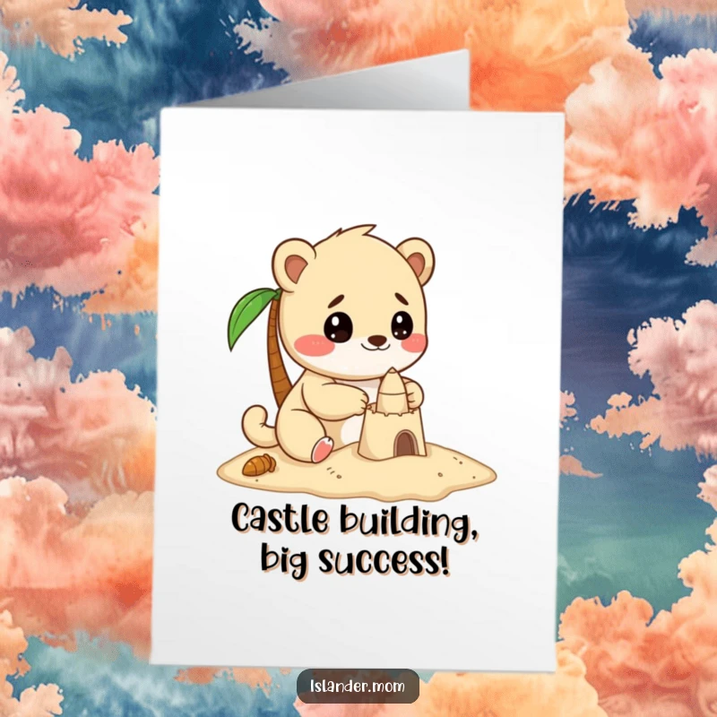 Funny Free Printable Congratulations Card, a focused kawaii islander animal delightedly building a small sandcastle on the beach.
