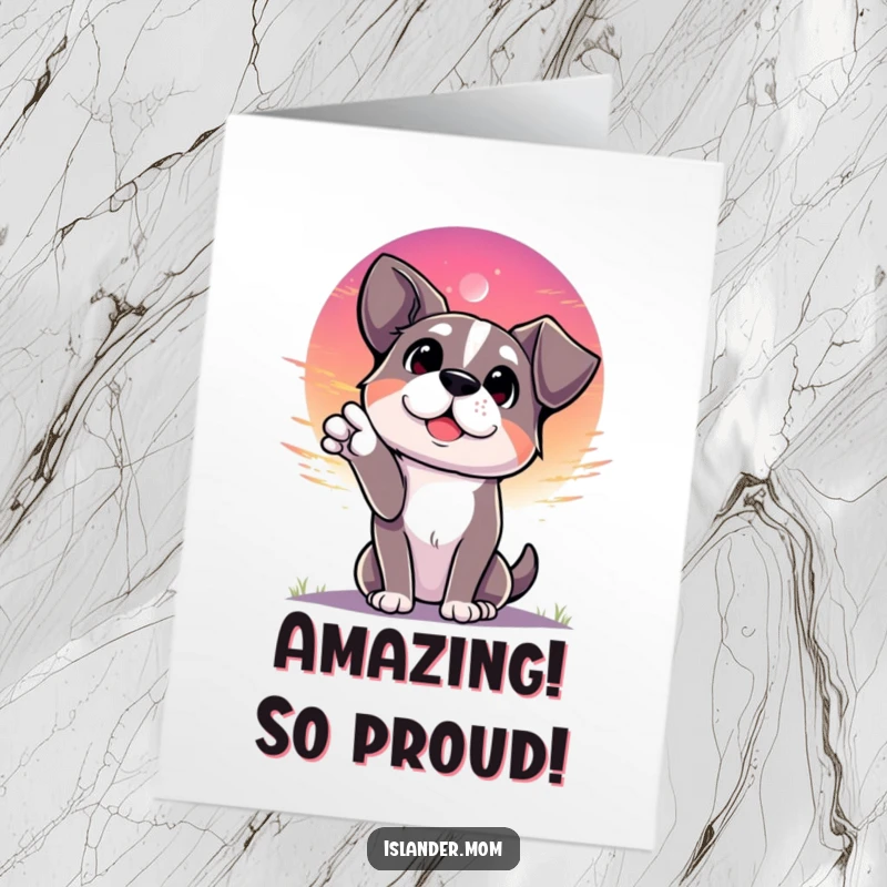 Funny Free Printable Congrats Card: Dog gazes in wonder at a vibrant sunset, celebrating a grand achievement.