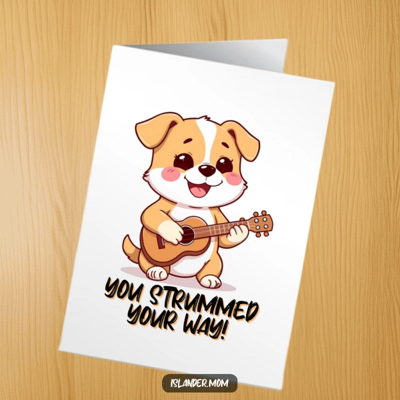 Funny Free Printable Congrats Card: Dog playing a ukulele with a happy expression, celebrating a successful performance.
