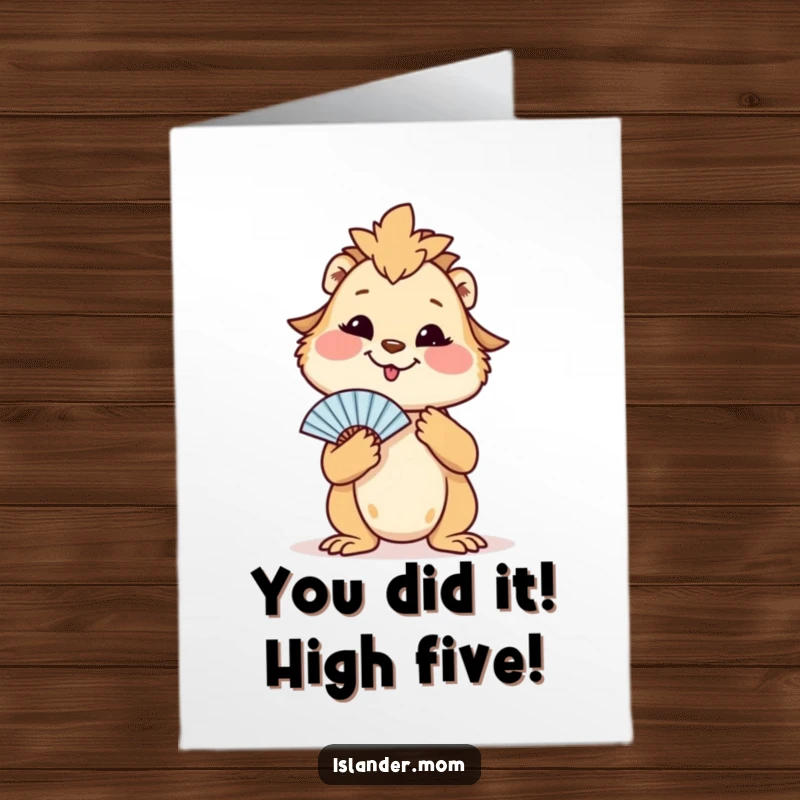 Funny Free Printable Congratulations Card: Island mom animal fanning herself with a leaf, exuding relaxed joy and a cool demeanor.