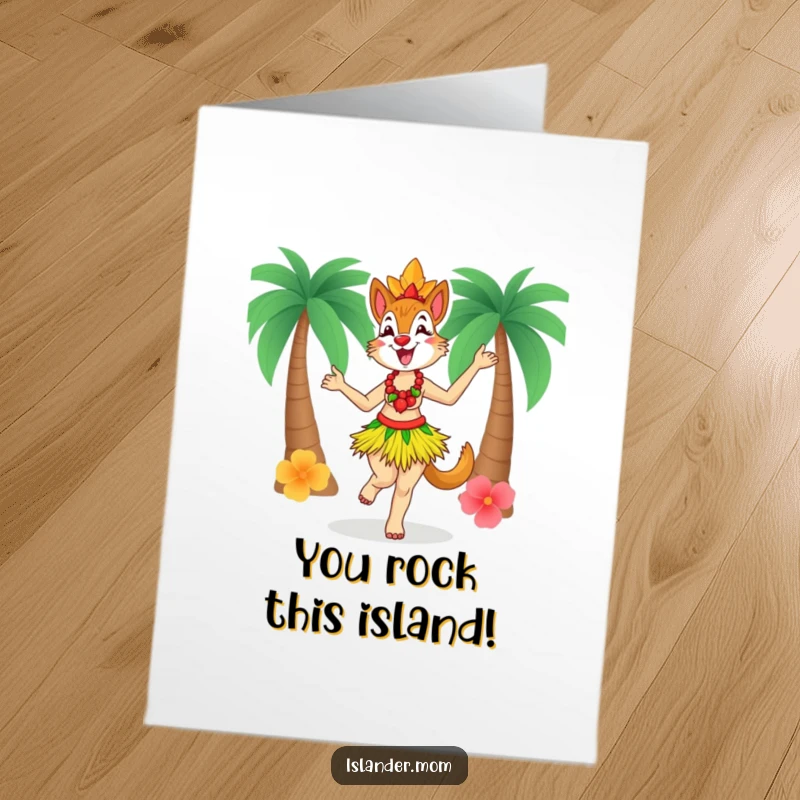 Funny free printable congratulations card: a jubilant islander mom animal in a grass skirt, dancing with pure delight.