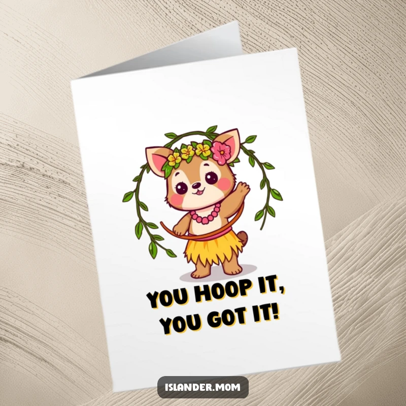 Funny Free Printable Congratulations Card: Adorable islander animal mid-hula hoop twirl, ready to celebrate your success.