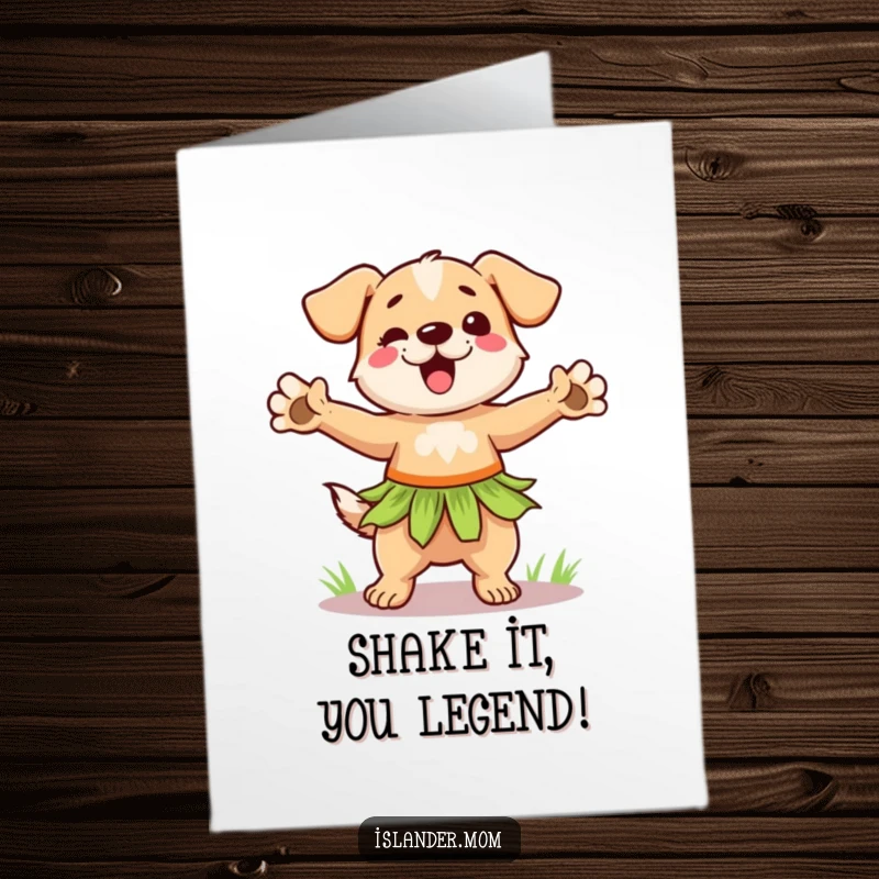 Funny Free Printable Congratulations Card: A dog in a grass skirt dances with paws outstretched, celebrating your success.