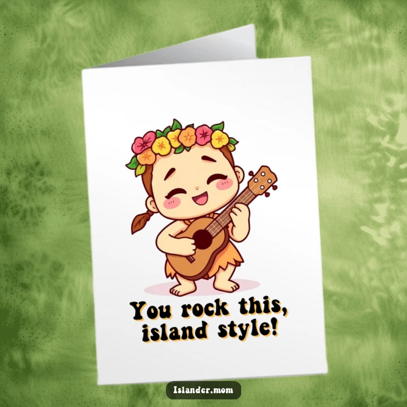 Funny Free Printable Congratulations Card: Kawaii islander plays a ukulele, smiling contentedly in celebration.