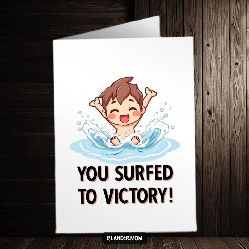 Funny Free Printable Congratulations Card: An islander joyfully splashing in ocean waves, celebrating achievements with watery fun.