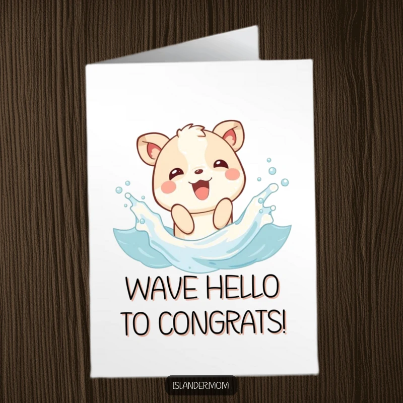Funny free printable congratulations card showing a joyful animal playing and splashing playfully within gentle, sparkling ocean waves.
