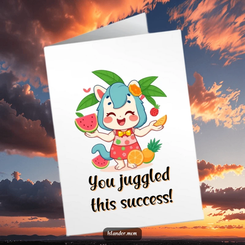 Funny Free Printable Congratulations Card: An energetic islander mom animal juggles exotic fruits, symbolizing a triumphant achievement.