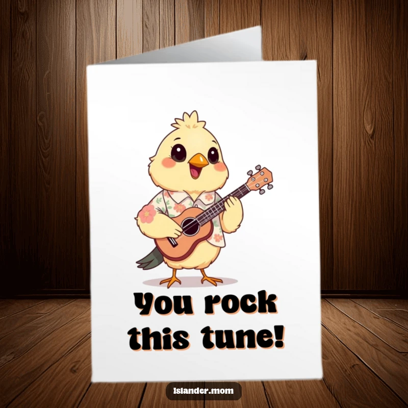 Funny Free Printable congratulations card of a mama bird in a floral shirt, happily strumming a ukulele, a joyful tune for their success.
