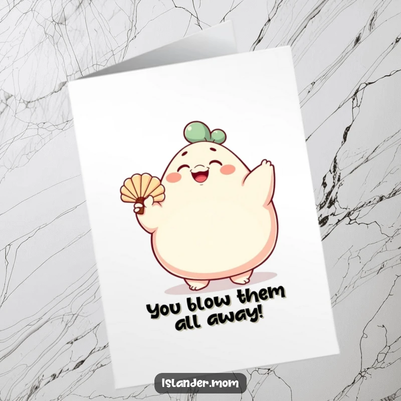 Free printable congratulations card featuring a smiling, rotund character with a shell fan, ideal downloadable art.
