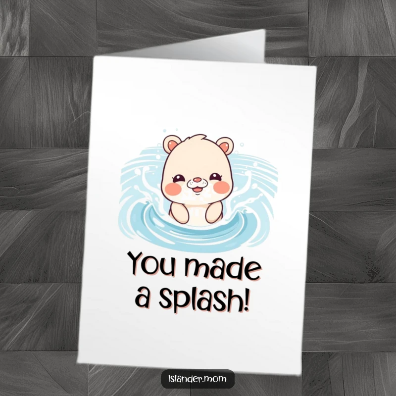Funny Free Printable Congratulations Card: An islander mom animal exuberantly splashes in ocean waves, marking a special occasion.