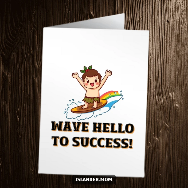 Funny Free Printable Congratulations Card: Kawaii islander triumphantly surfs a rainbow wave, celebrating success.