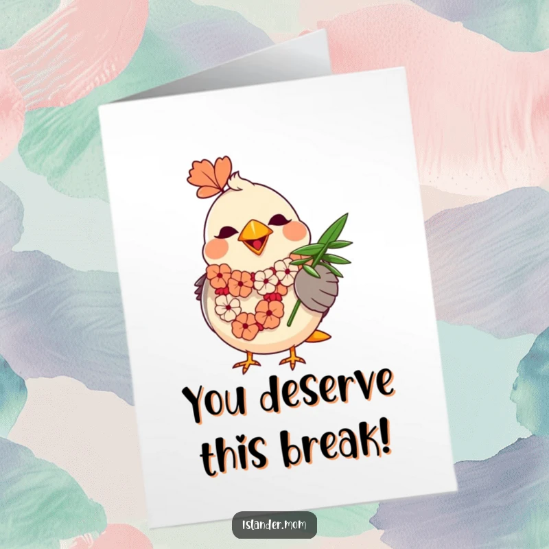 Funny Free Printable congratulations card featuring a round mama bird in a lei, fanning herself with a palm leaf, radiating tropical joy and success.