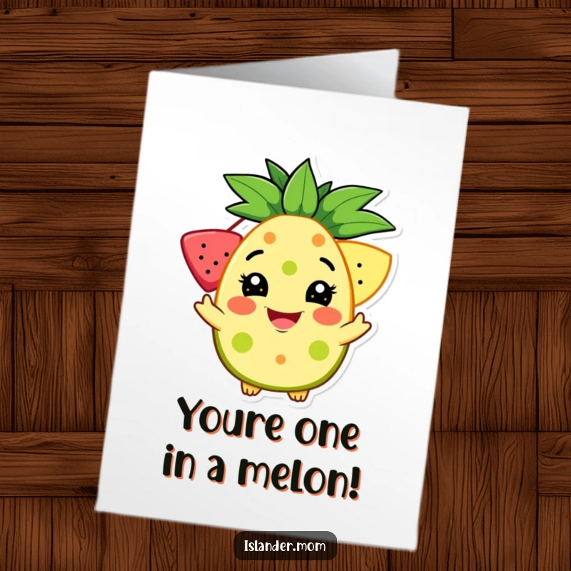 Funny Free Printable Congratulations Card: Character extending a bright, ripe tropical fruit with an infectious welcoming grin, full of joy.