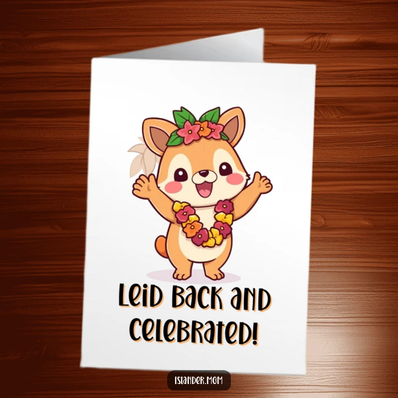 Funny Free Printable Congratulations Card featuring an islander animal character happily waving a lei, celebrating success with enthusiasm.