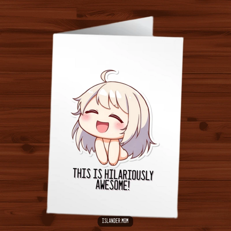 Funny Free Printable Congrats Card: Character laughing uncontrollably with eyes shut and head back, expressing pure happiness, fantastic Downloadable Art.