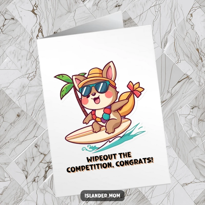 Funny Free Printable Congrats Card: Joyful islander animal character successfully riding a small surfboard, celebrating a win.