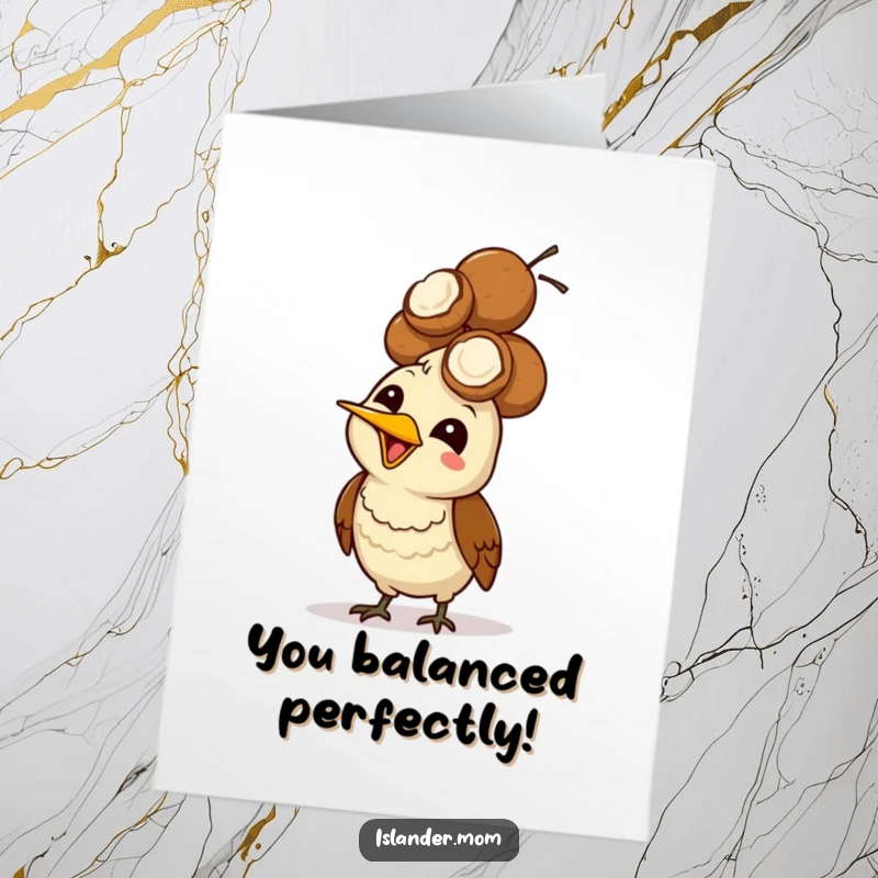 Funny Free Printable congratulations card featuring a mama bird giggling and balancing a stack of coconuts on her head, a tropical triumph.