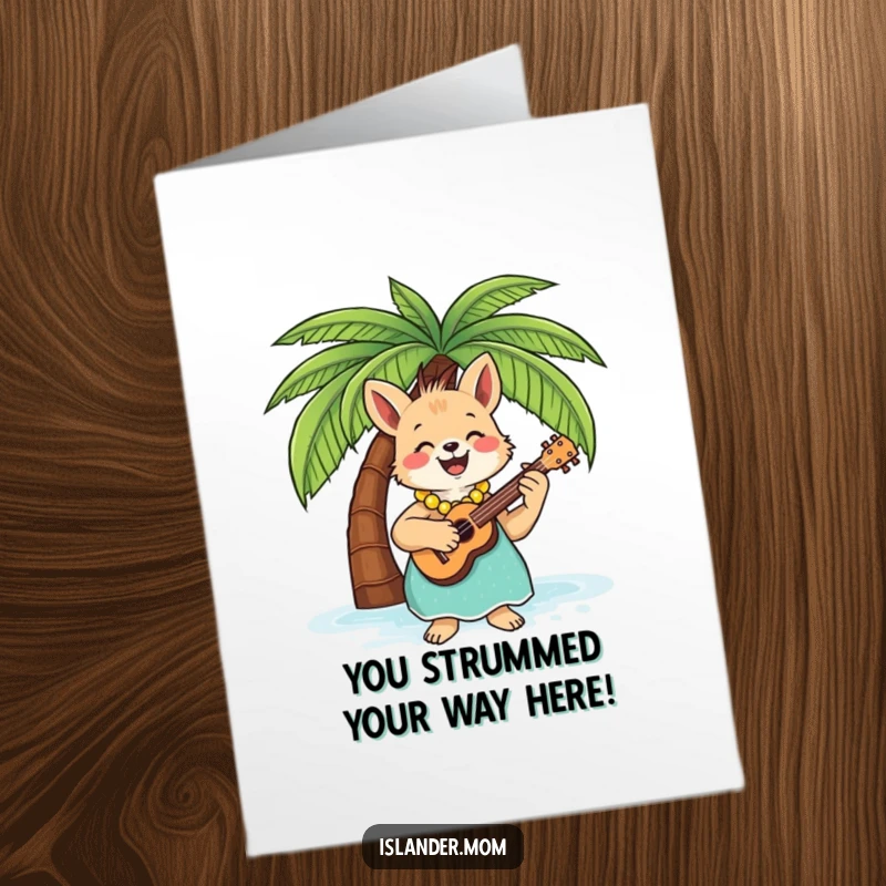 Funny Free Printable Congratulations Card: An islander mom animal plays a cheerful ukulele song under a palm tree.